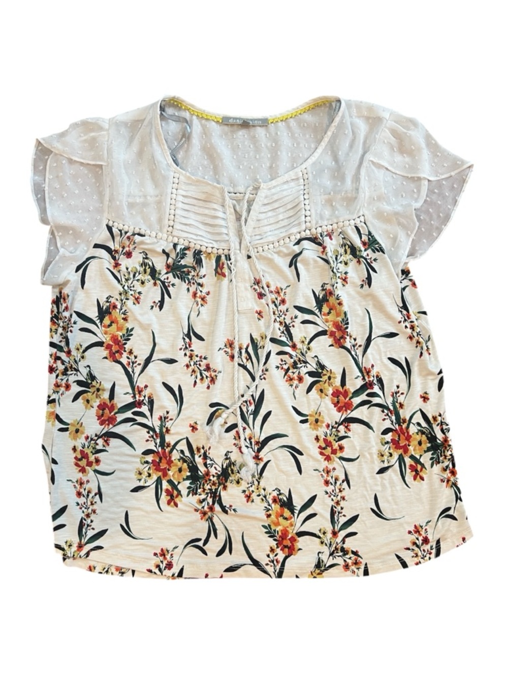 Daniel Rainn White Floral Top with Flutter Sleeves Size XL